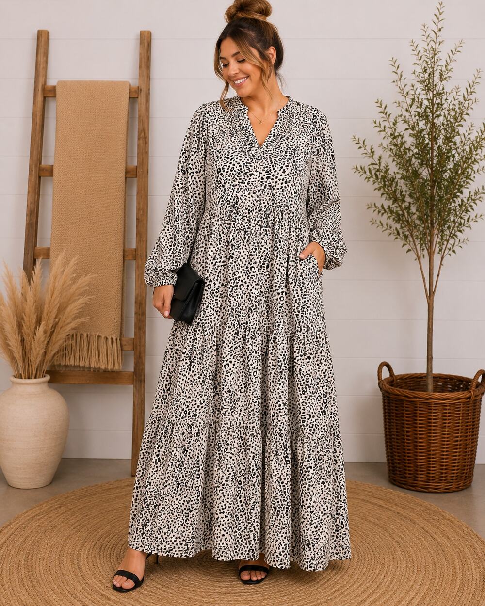 Women's Leopard Long Sleeve Maxi Dress Plus Size 3XL